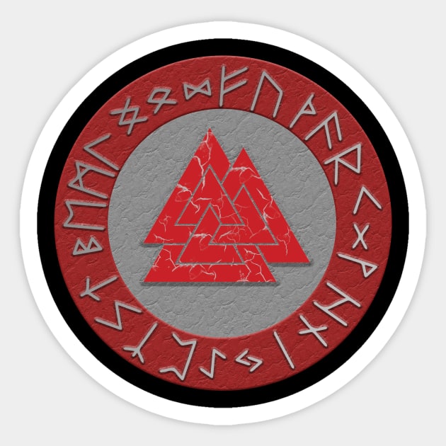 Vikings Distressed Valknut and Runes Red and Silver Sticker by vikki182@hotmail.co.uk